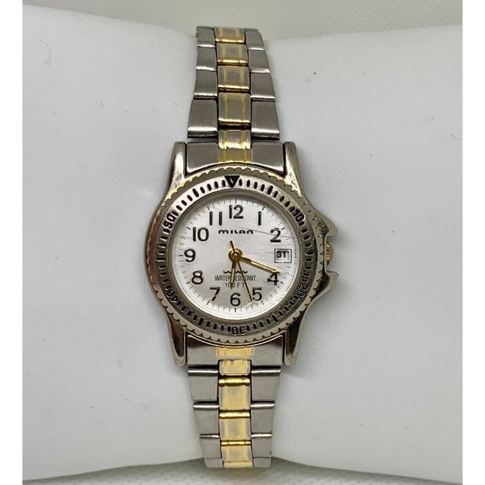 Vintage Milan date women wrist watch gold silver tone 28mm  running